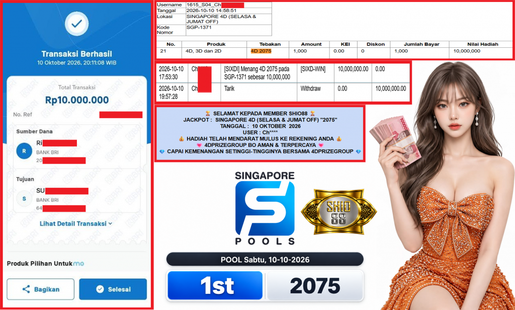 SHIO88 JACKPOT SINGAPORE 4D (SELASA & JUMAT OFF) β2075βββββ Rp10.000.000,- LUNAS