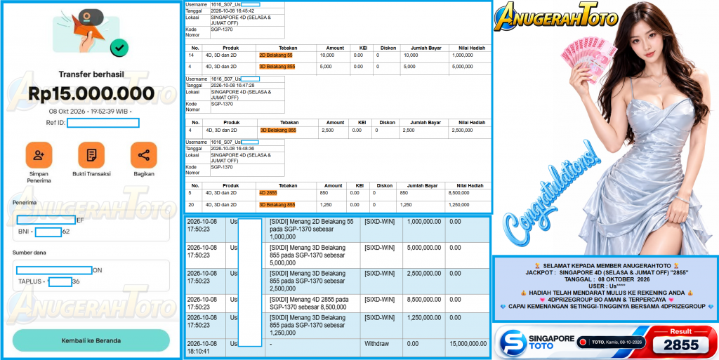 ANUGERAHTOTO JACKPOT SINGAPORE 4D (SELASA & JUMAT OFF) “2855”‎‏‏‎ Rp15.000.000,- LUNAS