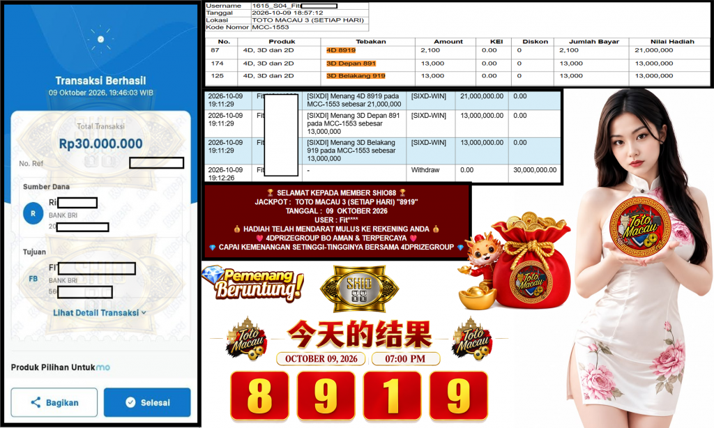 SHIO88 JACKPOT TOTO MACAU 3 (SETIAP HARI) “8919”‎‏‏‎ Rp30.000.000,- LUNAS