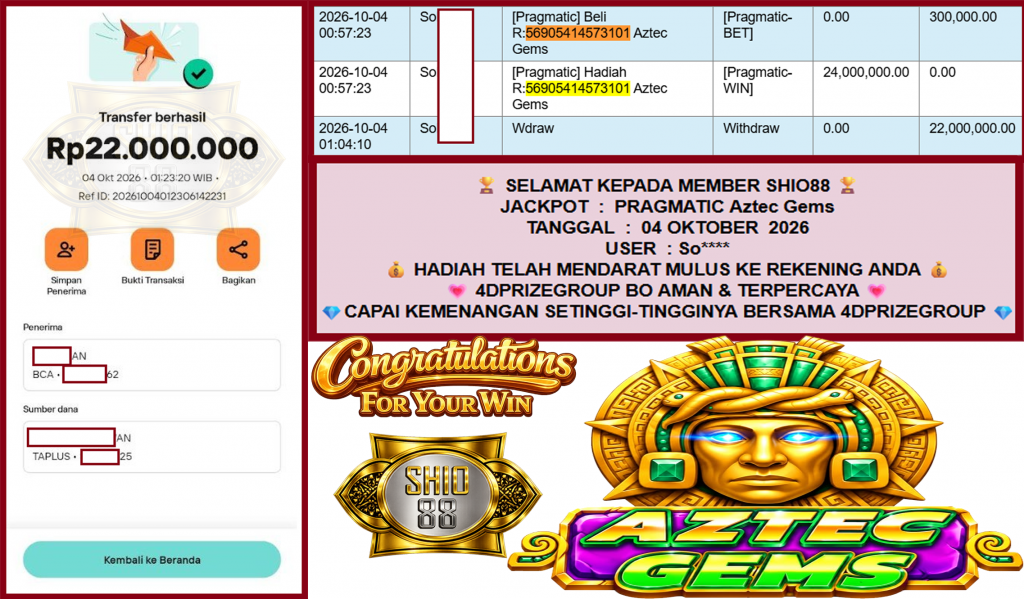 SHIO88 JACKPOT PRAGMATIC “Aztec Gems”‎‏‏‎‎ Rp22.000.000,- LUNAS