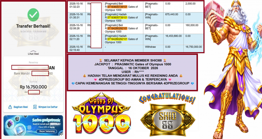 SHIO88 JACKPOT PRAGMATIC “Gates of Olympus 1000″‎‏‏‎‎ Rp16.750.000,- LUNAS