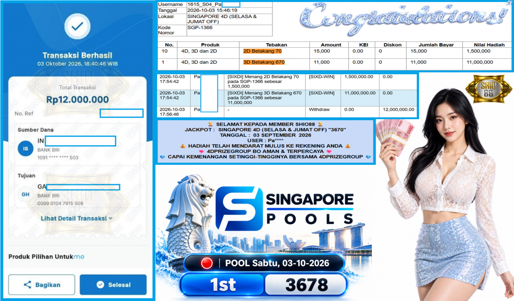 SHIO88 JACKPOT SINGAPORE 4D (SELASA & JUMAT OFF) β3670βββββ Rp12.000.000,- LUNAS