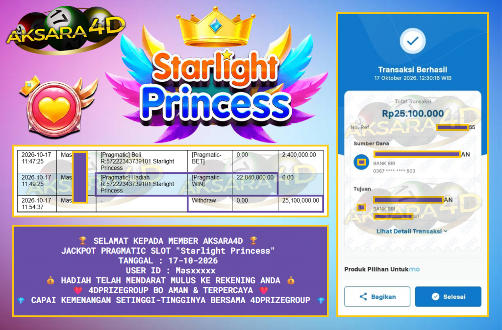 AKSARA4D PRAGMATIC SLOT “Starlight Princess” Rp25.100.000,- LUNAS