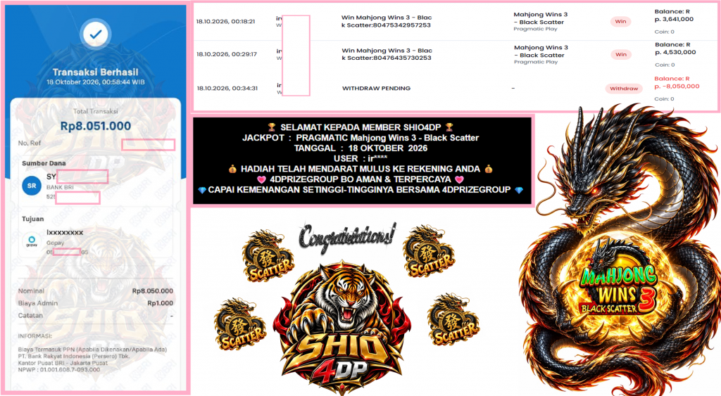 SHIO4DP JACKPOT PRAGMATIC “Mahjong Wins 3 – Black Scatter”‎‏‏‎‎ Rp8.050.000,- LUNAS
