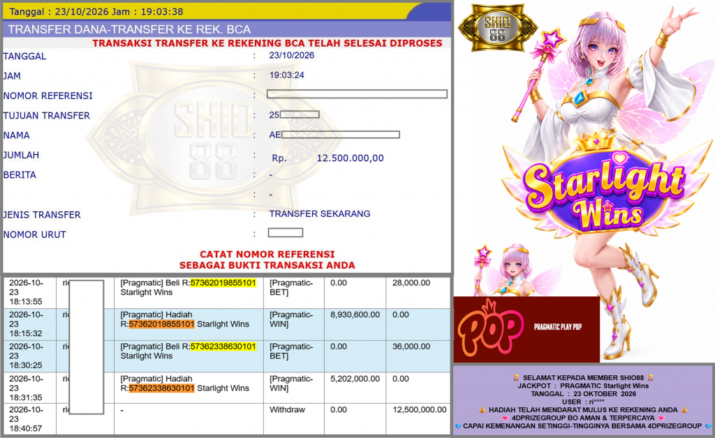 SHIO88 JACKPOT PRAGMATIC POP “Starlight Wins”‎‏‏‎‎ Rp12.500.000,- LUNAS