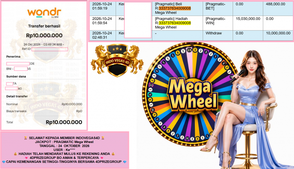 INDOVEGAS4D JACKPOT PRAGMATIC “Mega Wheel”‎‏‏‎‎ Rp10.000.000,- LUNAS