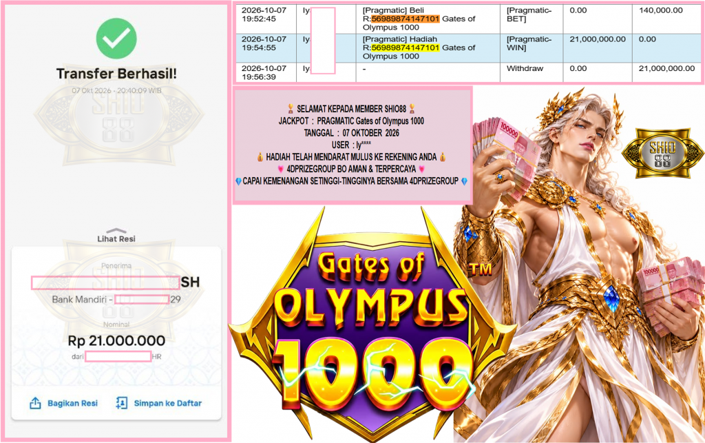 SHIO88 JACKPOT PRAGMATIC “Gates of Olympus 1000″ Rp21.000.000,- LUNAS