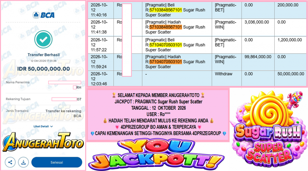 ANUGERAHTOTO JACKPOT PRAGMATIC “Sugar Rush Super Scatter” Rp50.000.000,- LUNAS