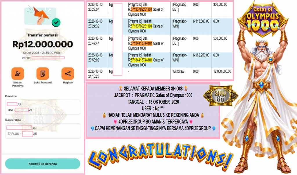 SHIO88 JACKPOT PRAGMATIC “Gates of Olympus 1000″ Rp12.000.000,- LUNAS