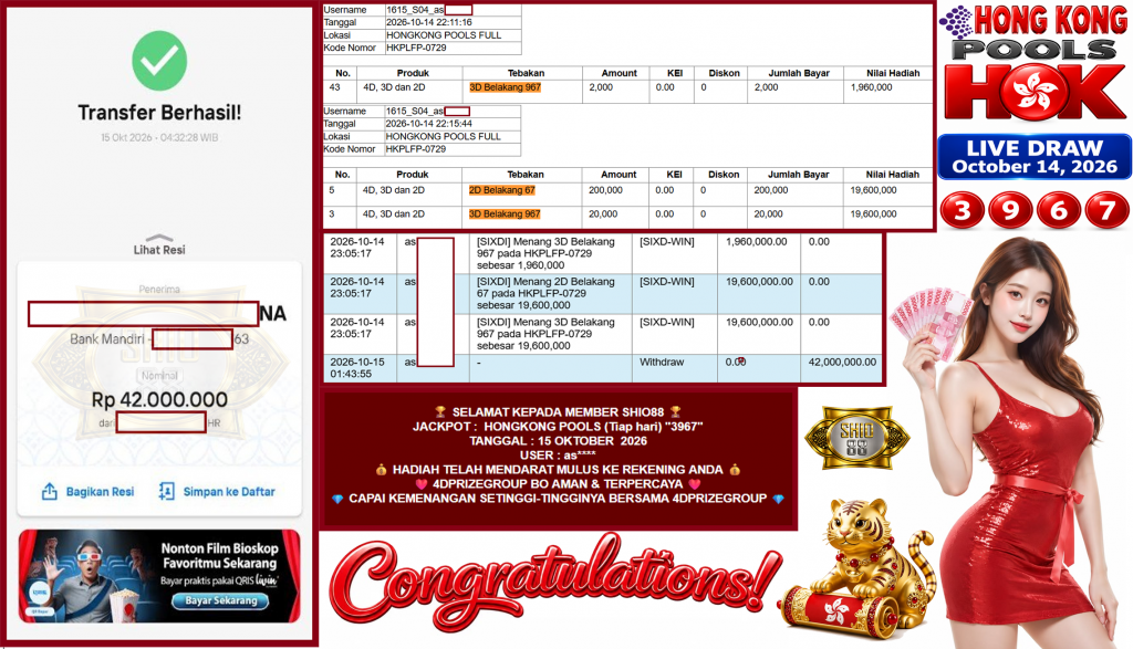 SHIO88 JACKPOT HONGKONG POOLS (Tiap hari) “3967”‎‏‏‎‎ Rp42.000.000,- LUNAS