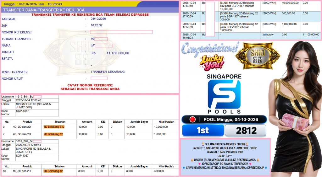 SHIO88 JACKPOT SINGAPORE 4D (SELASA & JUMAT OFF) “2812”‎‏‏‎ Rp11.100.000,- LUNAS
