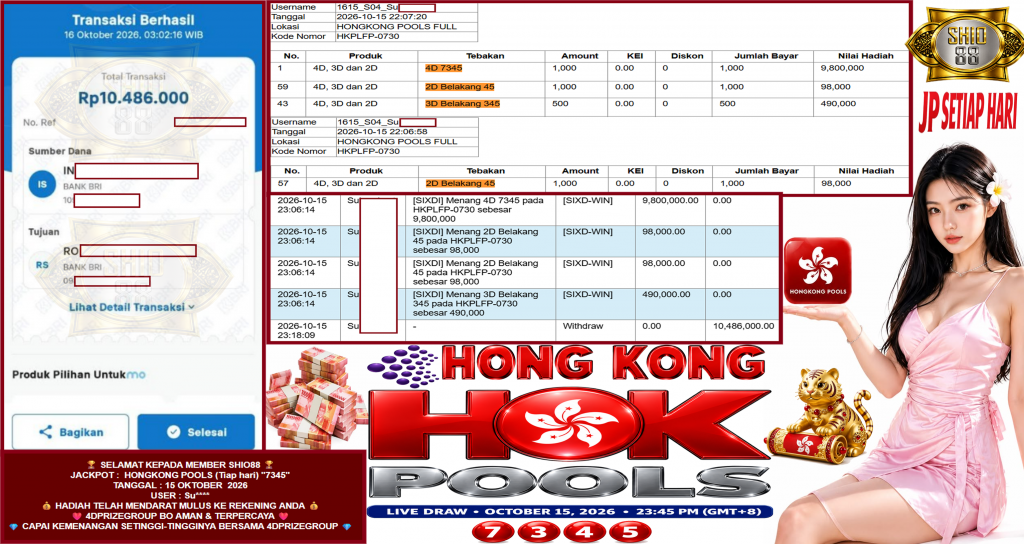 SHIO88 JACKPOT HONGKONG POOLS (Tiap hari) “7345”‎‏‏‎‎ Rp10.486.000,- LUNAS