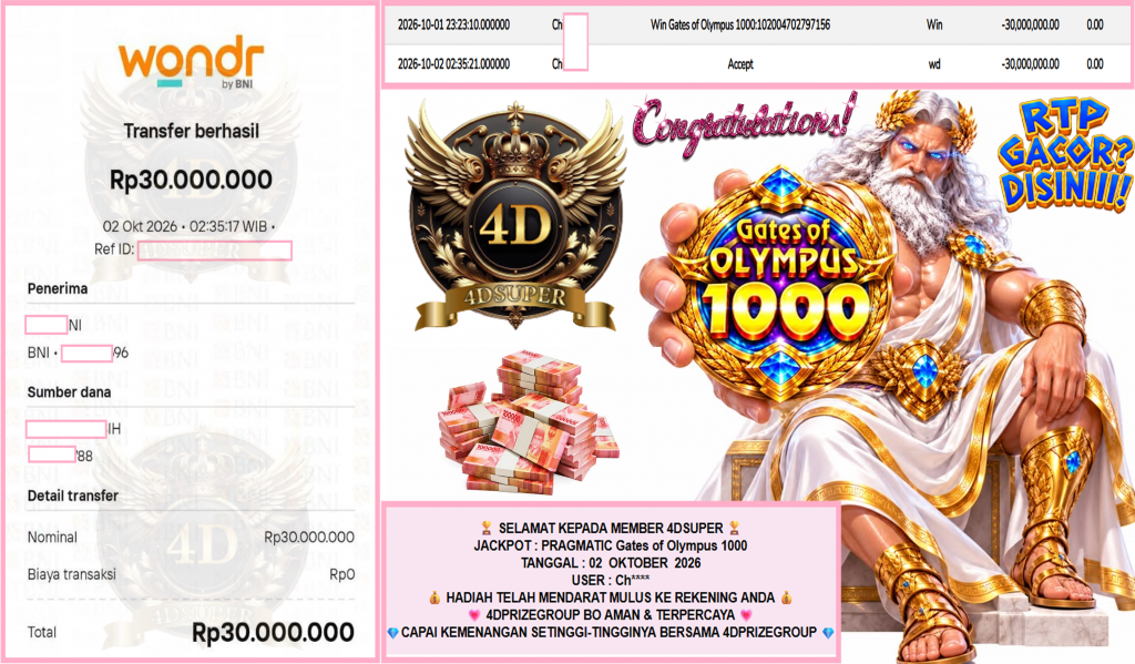 4DSUPER JACKPOT PRAGMATIC “Gates of Olympus 1000″‎‏‏‎‎ Rp30.000.000,- LUNAS