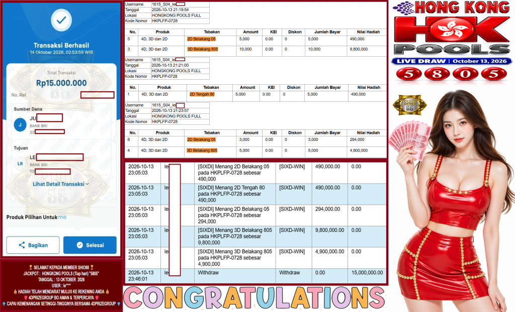 SHIO88 JACKPOT HONGKONG POOLS (Tiap hari) “5805”‎‏‏‎‎ Rp15.000.000,- LUNAS