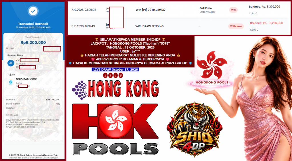 SHIO4DP JACKPOT HONGKONG POOLS (Tiap hari) “5379”‎‏‏‎‎ Rp6.200.000,- LUNAS