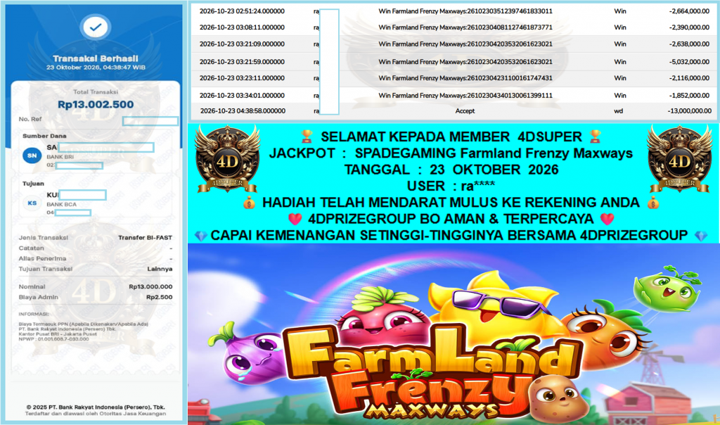 4DSUPER JACKPOT SPADEGAMING GAME “Farmland Frenzy Maxways” Rp13.000.000,- LUNAS