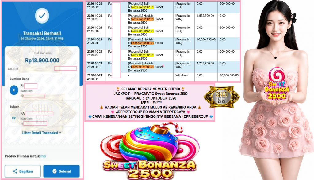 SHIO88 JACKPOT PRAGMATIC “Sweet Bonanza 2500″‎‏‏‎‎ Rp18.900.000,- LUNAS