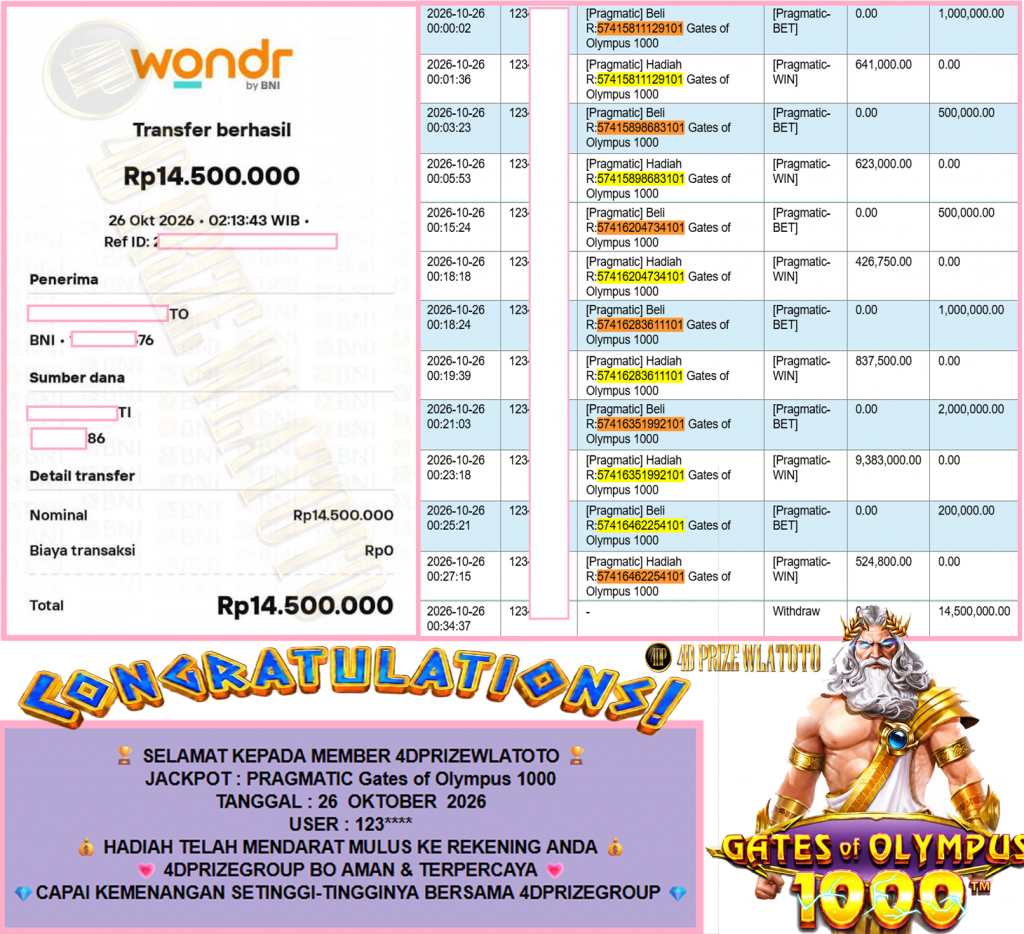 4DPRIZEWLATOTO JACKPOT PRAGMATIC “Gates of Olympus 1000″ Rp14.500.000,- LUNAS