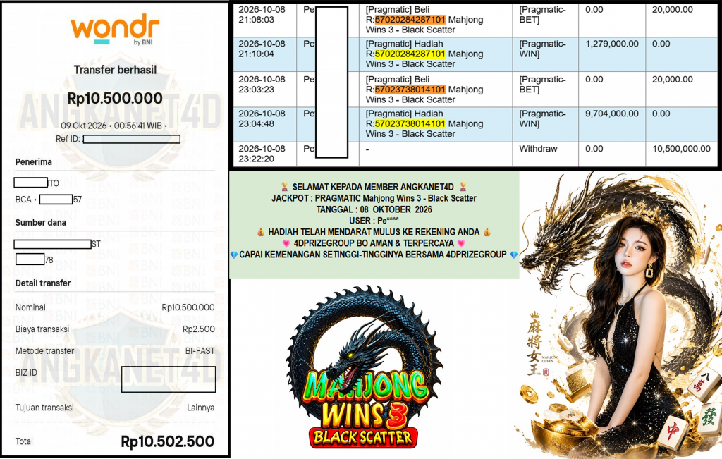 ANGKANET4D JACKPOT PRAGMATIC “Mahjong Wins 3 – Black Scatter”‎‏‏‎‎ Rp10.500.000,- LUNAS