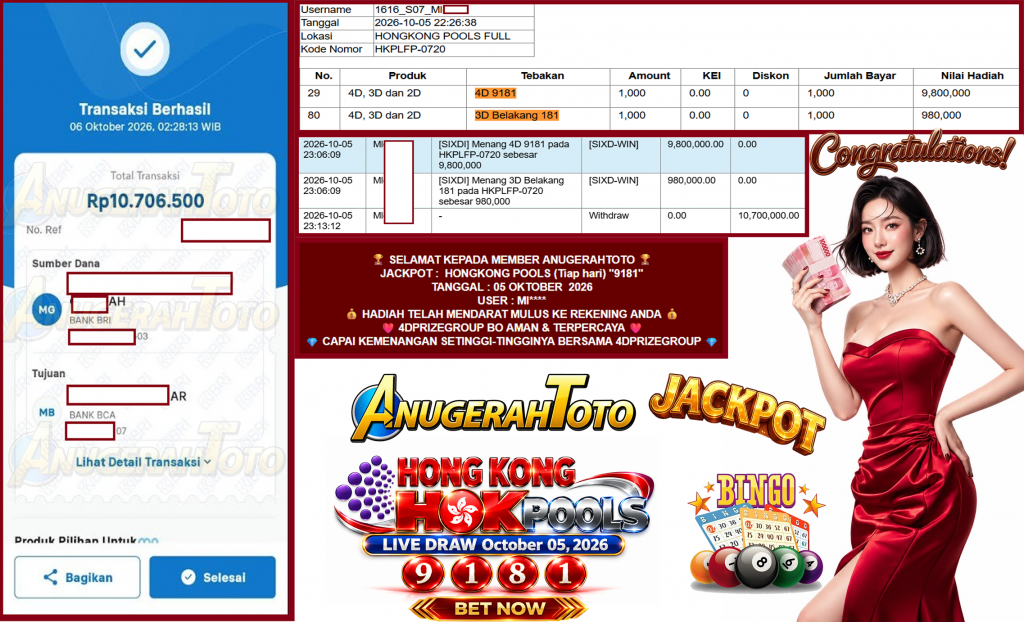 ANUGERAHTOTO JACKPOT HONGKONG POOLS (Tiap hari) “9181”‎‏‏‎‎ Rp10.700.000,- LUNAS
