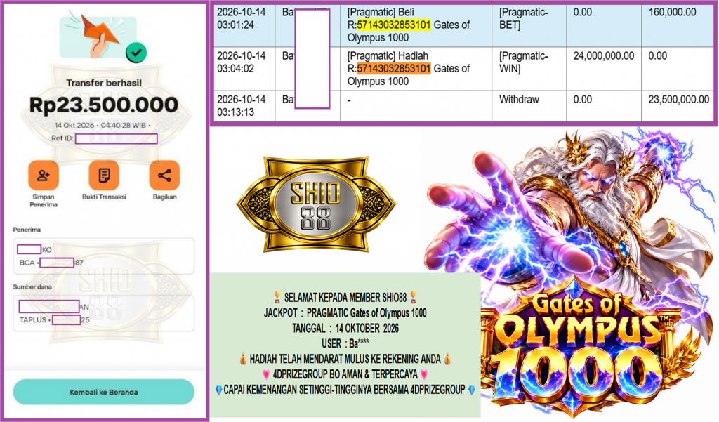 SHIO88 JACKPOT PRAGMATIC “Gates of Olympus 1000″ Rp23.500.000,- LUNAS