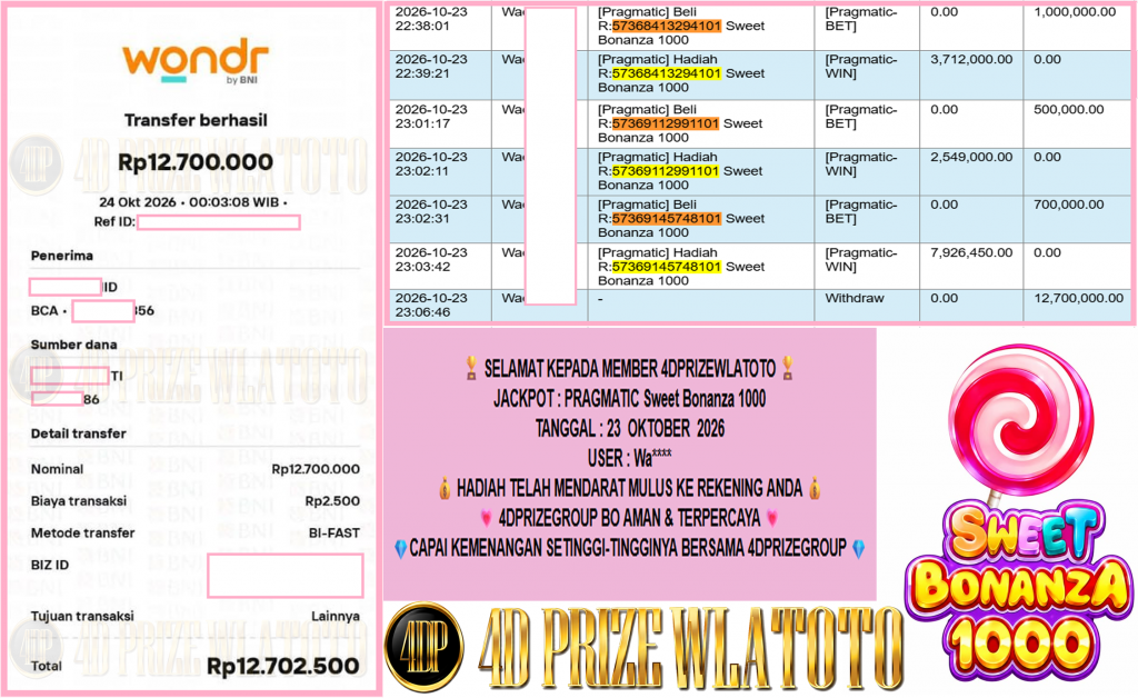 4DPRIZEWLATOTO JACKPOT PRAGMATIC “Sweet Bonanza 1000″‎‏‏‎‎ Rp12.700.000,- LUNAS