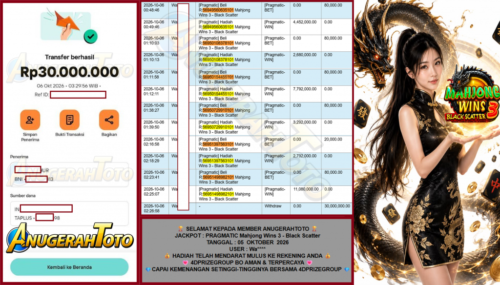 ANUGERAHTOTO JACKPOT PRAGMATIC “Mahjong Wins 3 – Black Scatter”‎‏‏‎‎ Rp30.000.000,- LUNAS