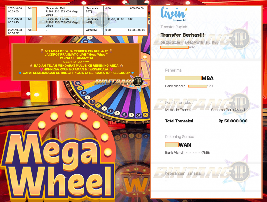 BINTANG4DP PRAGMATIC LIVE “Mega Wheel” Rp 50.000.000,- LUNAS
