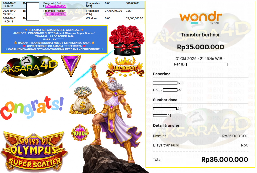 AKSARA4D JACKPOT PRAGMATIC SLOT ”Gates of Olympus Super Scatter” Rp35.000.000,- LUNAS