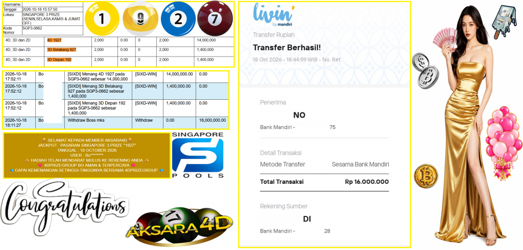 AKSARA4D JACKPOT PASARAN SINGAPORE 3 PRIZE “1927” Rp16.000.000,- LUNAS