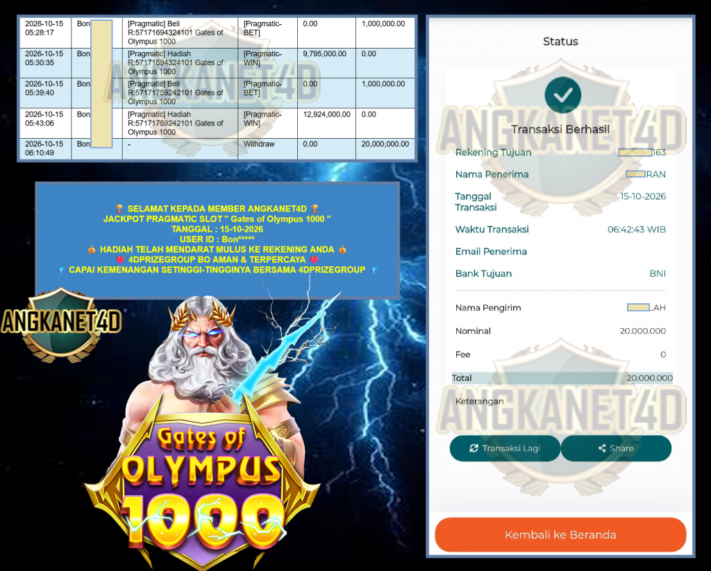 ANGKANET4D JACKPOT PRAGMATIC “Gates of Olympus 1000″‎‏‏‎‎ Rp 20.000.000,- LUNAS