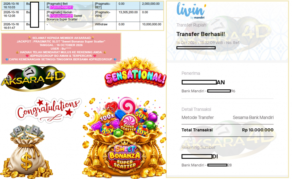 AKSARA4D JACKPOT PRAGMATIC SLOT ”Sweet Bonanza Super Scatter” Rp10.000.000,- LUNAS