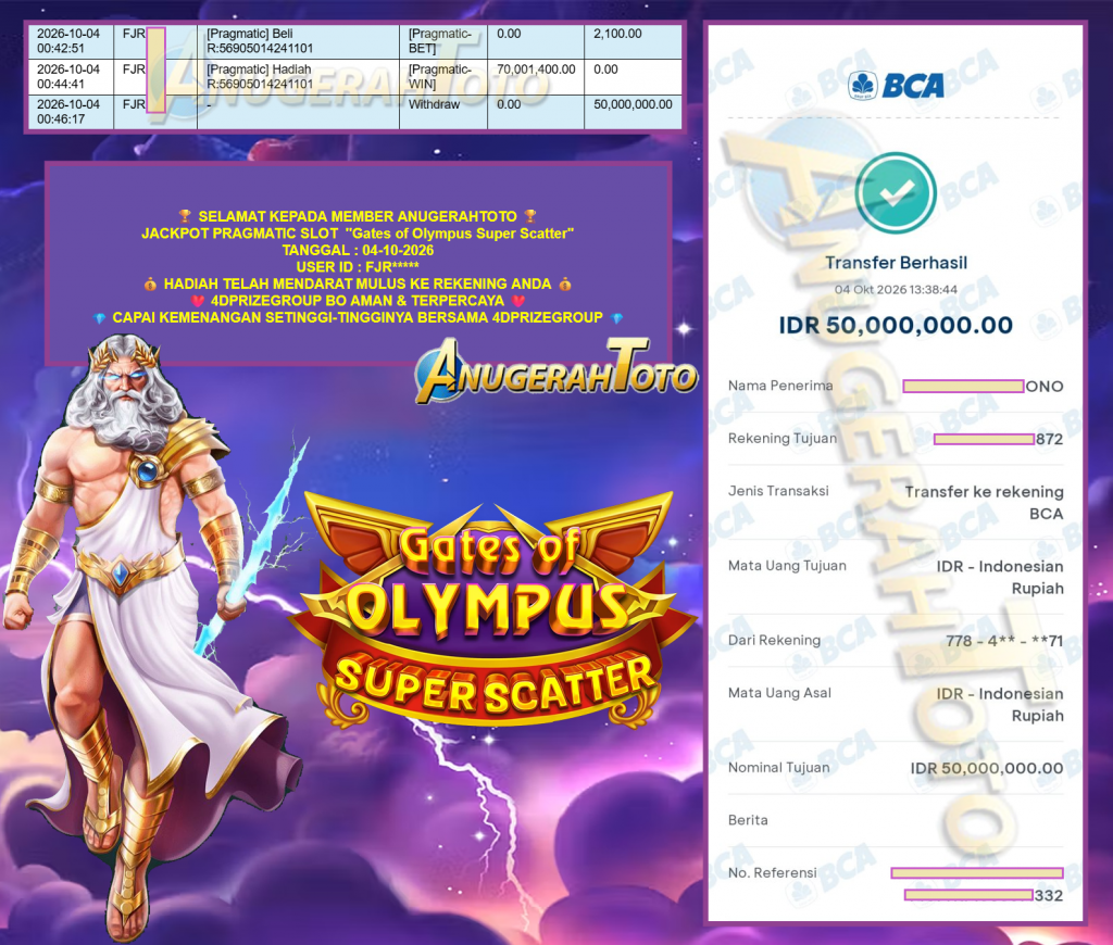 ANUGERAHTOTO JACKPOT PRAGMATIC SLOT “Gates of Olympus Super Scatter” Rp50.000.000,- LUNAS
