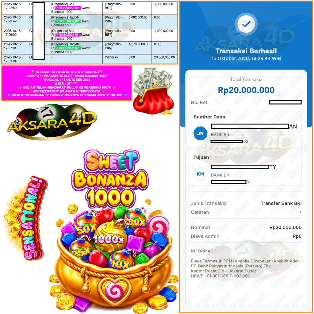 AKSARA4D JACKPOT PRAGMATIC SLOT ”Sweet Bonanza 1000” Rp20.000.000,- LUNAS