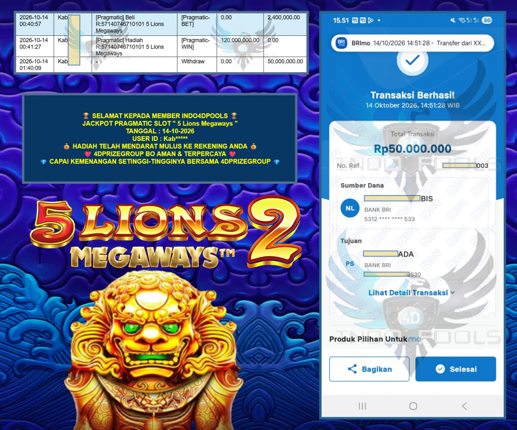 INDO4DPOOLS PRAGMATIC SLOT “5 Lions Megaways” Rp50.000.000,- LUNAS