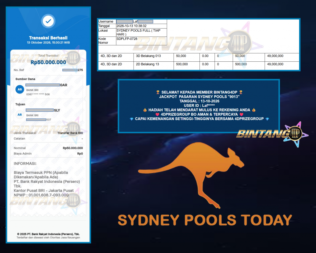 BINTANG4DP JACKPOT PASARAN SYDNEY POOLS “9013” Rp 50.000.000,- LUNAS