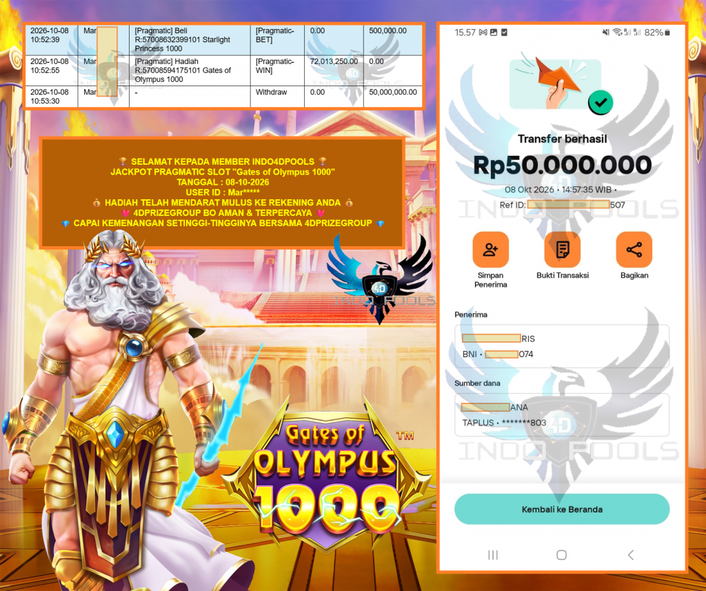 INDO4DPOOLS PRAGMATIC SLOT “Gates of Olympus 1000” Rp 50.000.000,- LUNAS