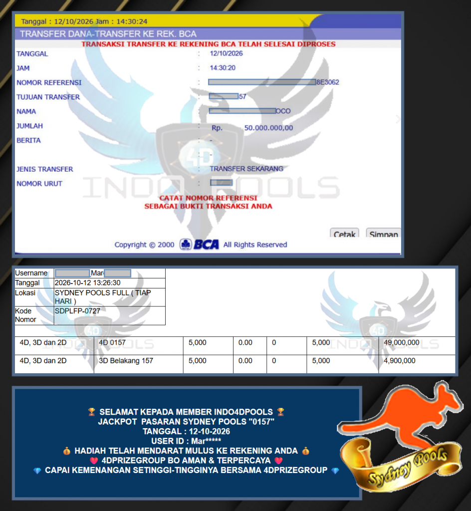 INDO4DPOOLS JACKPOT PASARAN SYDNEY POOLS “0157” Rp50.000.000,- LUNAS