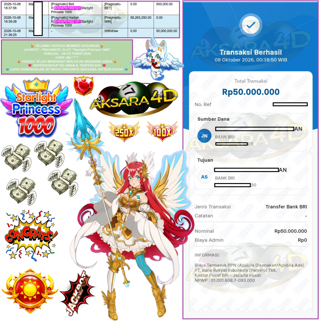 AKSARA4D JACKPOT PRAGMATIC SLOT ”Starlight Princess 1000” Rp50.000.000,- LUNAS