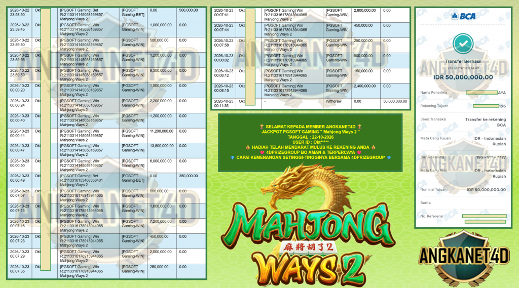 ANGKANET4D JACKPOT PGSOFT GAMING ” Mahjong Ways 2 ” Rp 50.000.000,- LUNAS
