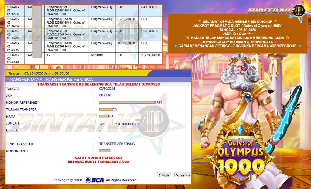 BINTANG4DP JACKPOT PRAGMATIC “Gates of Olympus 1000″‎‏‏‎‎ Rp19.780.000,- LUNAS
