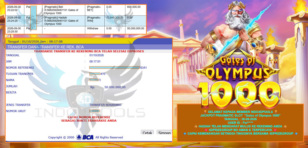 INDO4DPOOLS JACKPOT PRAGMATIC SLOT ”Gates of Olympus 1000” Rp50.000.000,- LUNAS