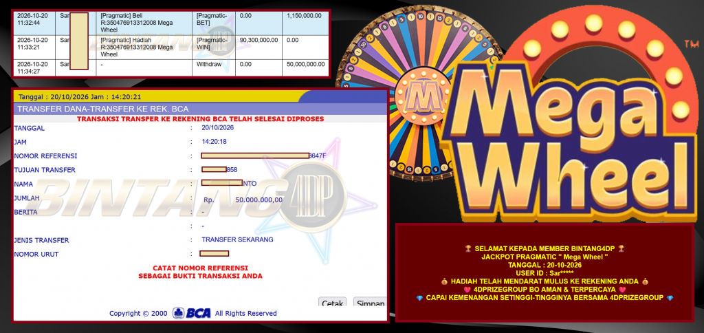 BINTANG4DP JACKPOT PRAGMATIC ”Mega Wheel” Rp50.000.000,- LUNAS