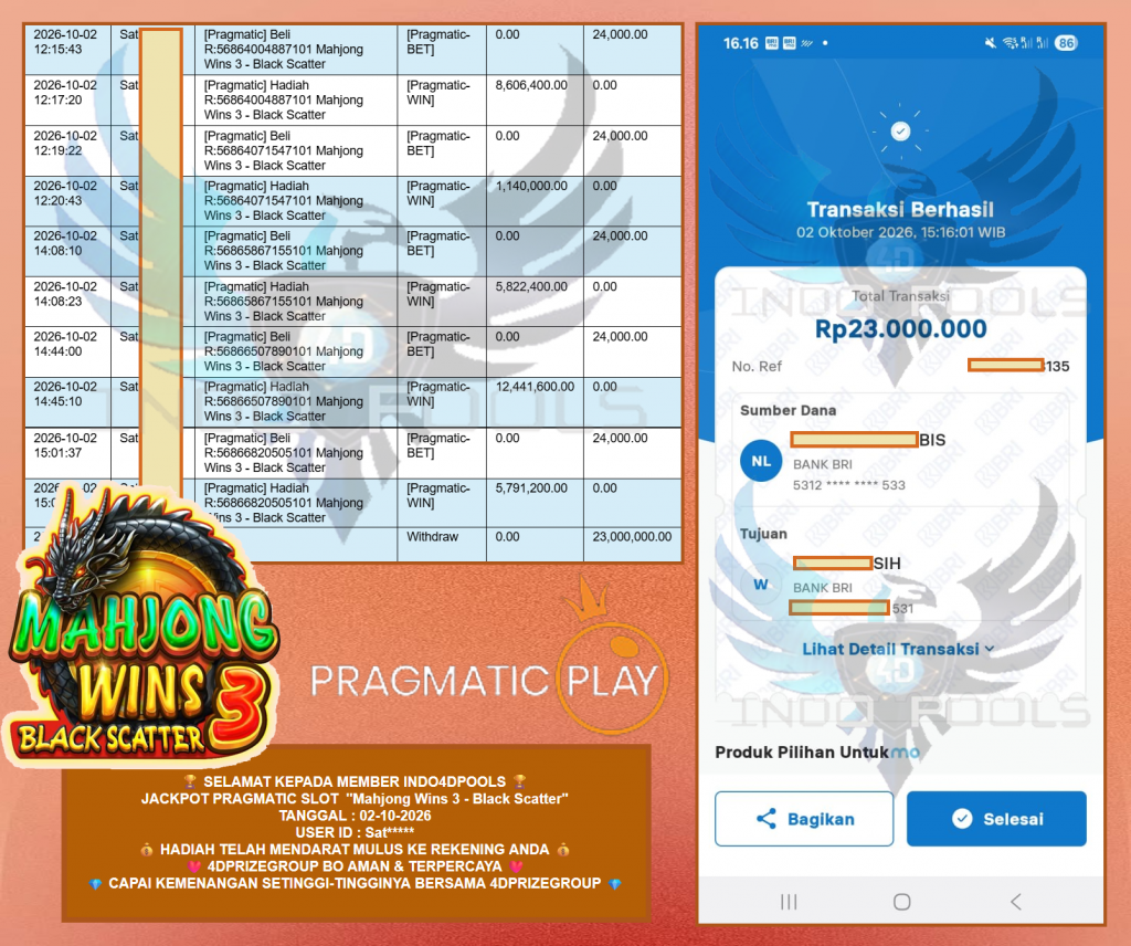 INDO4DPOOLS PRAGMATIC SLOT “Mahjong Wins 3 – Black Scatter” Rp23.000.000,- LUNAS