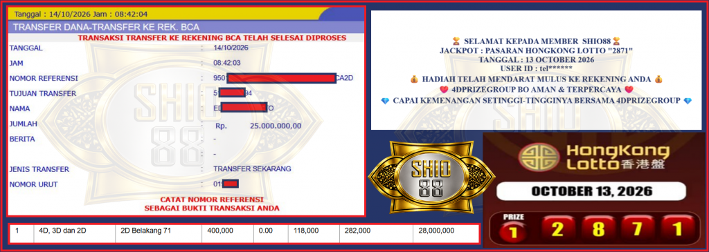 SHIO88 JACKPOT HONGKONG LOTTO “2871” Rp 25.000.000,- LUNAS