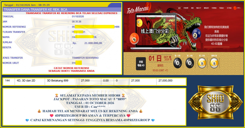SHIO88 JACKPOT PASARAN TOTO MACAU 5 β8899β Rp 21.000.000,- LUNAS