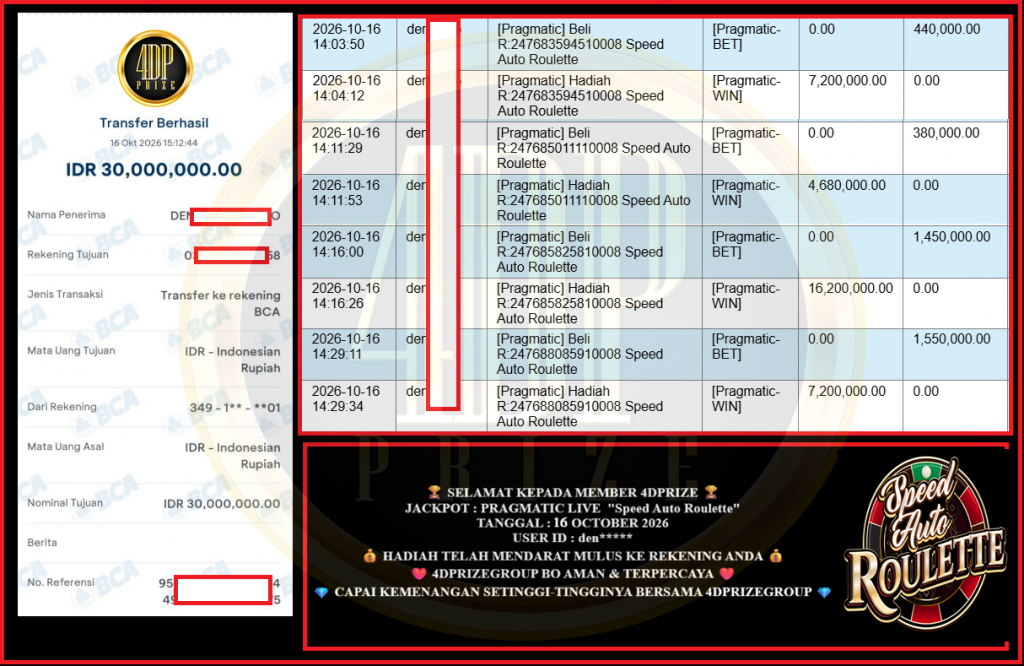 4DPRIZEWLATOTO JACKPOT PRAGMATIC LIVE GAME “Speed Auto Roulette” Rp 30.000.000,- LUNAS