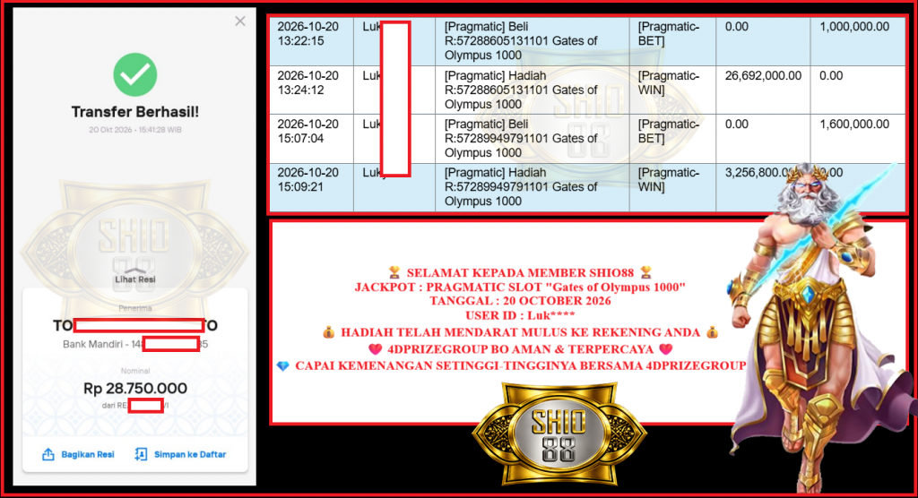 SHIO88 JACKPOT PRAGMATIC SLOT ”Gates of Olympus 1000” Rp28.750.000,- LUNAS