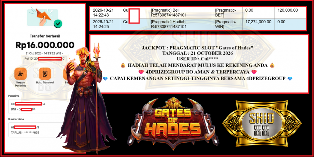 SHIO88 JACKPOT PRAGMATIC SLOT ”Gates of Hades” Rp 16.000.000,- LUNAS