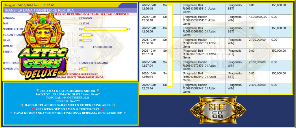 SHIO88 JACKPOT PRAGMATIC SLOT βAztec Gemsβ Rp17.000.000,- LUNAS